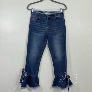 Current Air Ruffle & Bow Hem Jean with Fray Detail Blue Size Medium Boho Chic